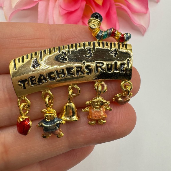 Vintage Danecraft Teachers Rule! Pin Brooch Ruler Charms Worm Cute Whimsical - Picture 3 of 9